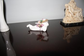 Collectible Porcelain Angel Figurine  Cherub With Wreath And Floral Accents