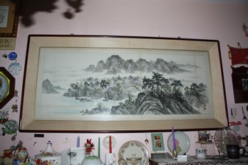 Stunning Massive Framed Vintage Chinese Ink Wash Landscape Painting With Calligraphy VERY HEAVY HELP IS REQUIR