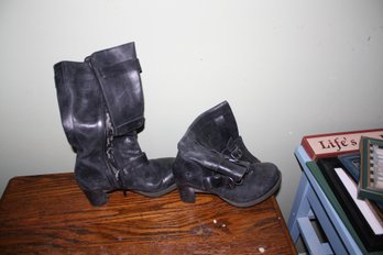 Black Leather Mid-Calf Buckle Boots