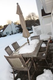 Outdoor Patio Dining Table Set With Beige Market Umbrella Some Damage