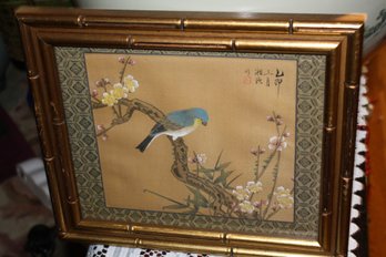 Vintage Chinese/Japanese Silk Painting Of Blue Bird With Spring Blossoms