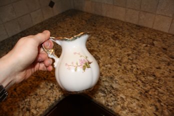 Antique Ceramic Creamer With Pink Floral Motif And Gold Trim