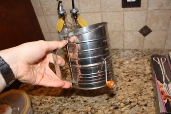 Vintage Hand-Crank Flour Sifter With Wooden Knob