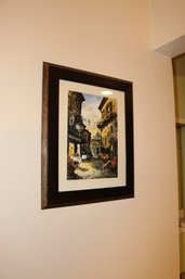 Framed European Village Street Scene Photo With Wood Frame