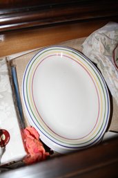 Italian Porcelain Oval Platters With Multicolor Striped Band Design