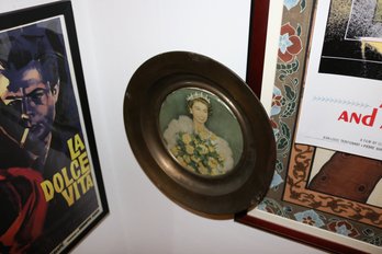Vintage Queen Elizabeth II Brass Portrait Wall Plaque With Yellow Roses