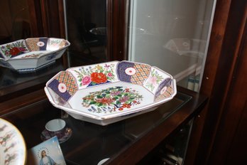 Japanese Imari Style Porcelain Octagonal Serving Bowl With Hand-Painted Floral And Brocade Motifs