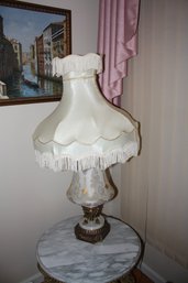 Victorian-Style Porcelain Table Lamp With Fringed Shade And Gold Detailing #2