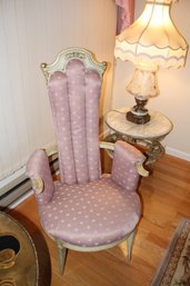 Victorian-Style Armchair With Ornate Wooden Frame And Pink Upholstery #1