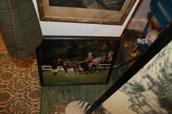 Framed Carriage Driving Scene With Brown Horse, Driver And Groom