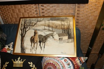 Signed Watercolor And Ink Painting Of Two Horses In A Snowy Barn Landscape