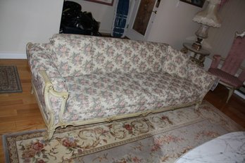 French Provincial Style Floral Upholstered Sofa With Carved Wood Frame