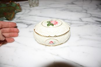 Vintage Porcelain Trinket Box With Hand-Painted Rose Florals And Gold Trim