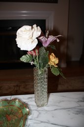 Artificial Floral Arrangement With White Rose And Purple Lily In Textured Glass Vase