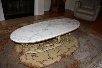 UPDATED MEASUREMENTS 59X23X16H Stunning French Provincial Oval Coffee Table With Carrara Marble Top