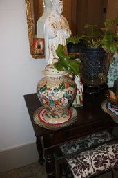 Large Chinese Warrior Lidded Jar Oatmeal Glaze