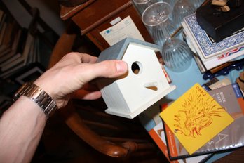 Small Wooden Birdhouse  White Body With Gray Roof Wren Nesting Box