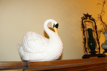 White Ceramic Swan Planter With Feathered Texture Design
