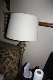 Rustic Farmhouse Floor Lamp With Carved Wood-Look Base And Beige Drum Shade