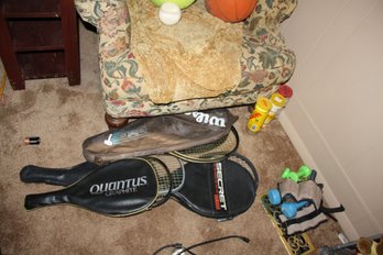 Assorted Sports Racquets With Protective Covers Including Ektelon Quantus Graphite Racquetball Racquet