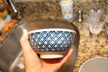 Japanese Arita Blue White Chrysanthemum Footed Rice Bowl