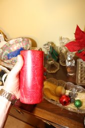 Red Textured Pillar Candle With Crystalline Wax Finish