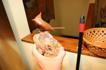 Hand-Carved Wooden Cardinal Figurine On Burl Base