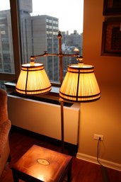 Double Swing-Arm Brass Floor Lamp With Fabric Shades