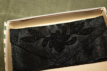 Black Beaded Floral Evening Clutch Handbag