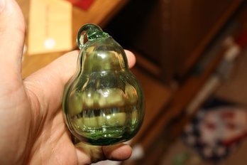 Green Hand Blown Glass Pear Paperweight Sculpture