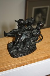 Cast Metal Sculpture, Bronze, Figure Of Three Children And Dog Pulling On Rope, S.J. Monogram To Base Behind C