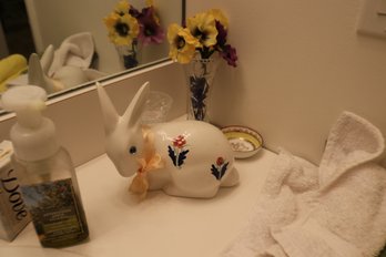 Hand Painted Ceramic Bunny Figurine With Floral Details
