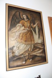 Cuzco School Style Painting Of Archangel Raphael Holding Fish In Baroque Colonial Religious Composition