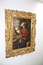 Painting Of Woman Spinning Wool In Ornate Baroque Gilt Frame