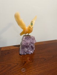 Hand Carved Gem Stone Macaw Parrot Bird On Amethyst And Clear Quartz Nose Needs To Be Glued