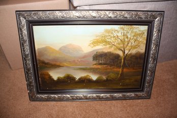 Hudson River Style Mountain Lake Landscape Framed Oil Painting Signed