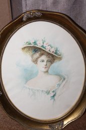 Victorian Style Portrait Watercolor In Ornate Oval Gold Frame With Butterfly Accents