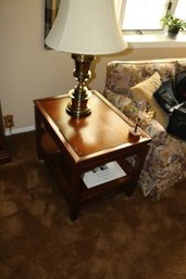 Mahogany Two-Tier End Table With Pull-Out Storage Drawer