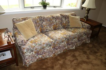 Ethan Allen Floral Upholstered Three Cushion Skirted Sofa Ground Floor
