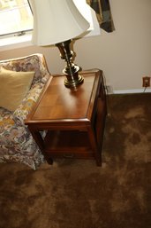 Two-Tier Wooden End Table With Inlaid Parquet Top