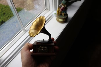 Vintage Miniature Gramophone Figurine With Gold Horn Accents