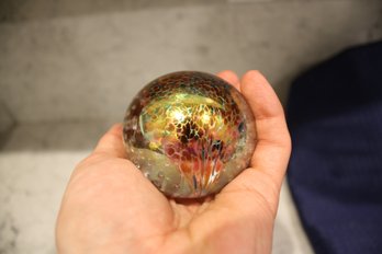 Art Glass Paperweight With Bullicante Bubbles And Iridescent Multicolor Design Signed