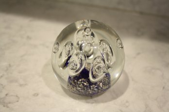Art Glass Paperweight With Cobalt Blue Core And Bullicante Bubbles