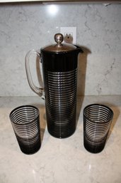 Ajka Crystal Mid-Century Modern Onyx Black Cut To Clear Pitcher And Glasses Set Rare