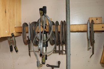 Assorted Metal C Clamps With Workshop Storage Rack