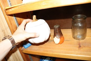 White Ceramic Pumpkin Jar With Gold Stem