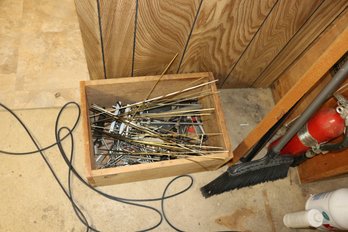 Wooden Box With Brass Rods And Hardware Assortment