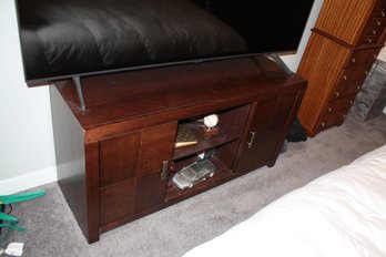 Dark Brown Wooden TV Console With Sliding Doors And Open Shelving