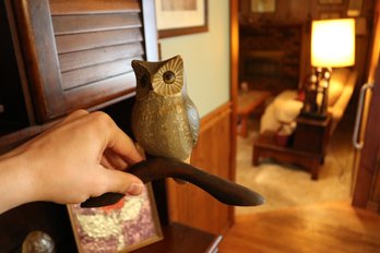 Hand Carved Wooden Owl Sculpture Perched On Branch Base
