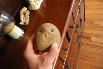 Granite Boulder Owl Sculpture With Quartz Inlaid Eyes